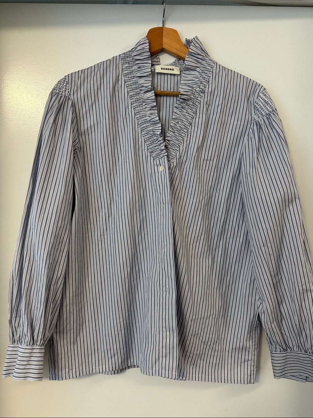 Sandro Navy and White Striped Ruffle-Neck Button Down Blouse